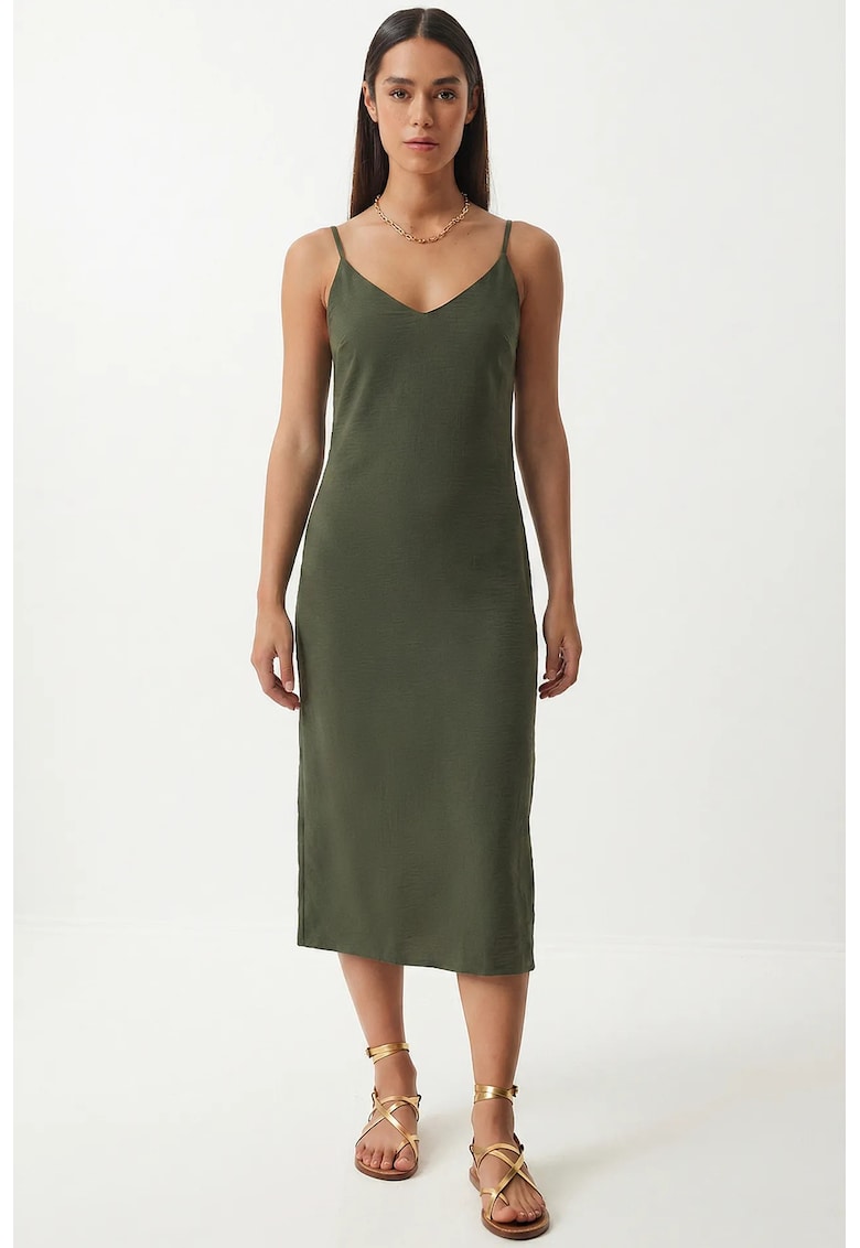 Rochie midi - Happiness Istanbul - decolteu in V - kaki - poliester