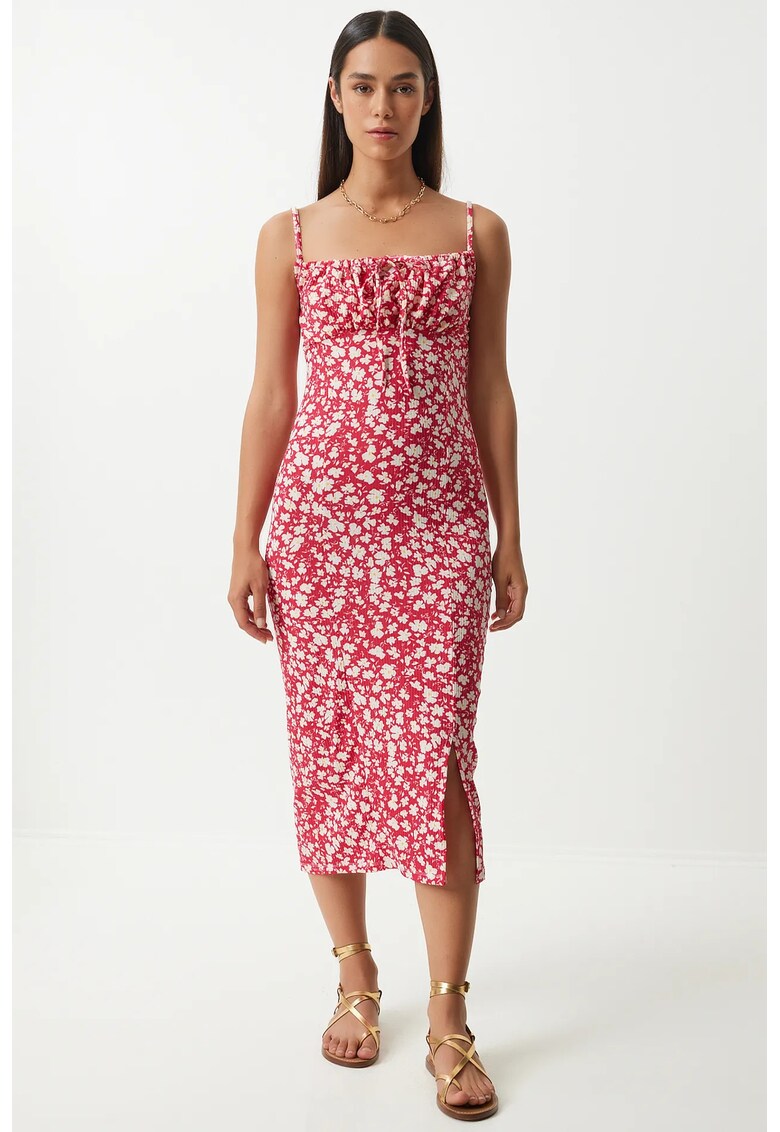 Rochie midi mulata Happiness Istanbul - poliester/elastan - rosu/alb