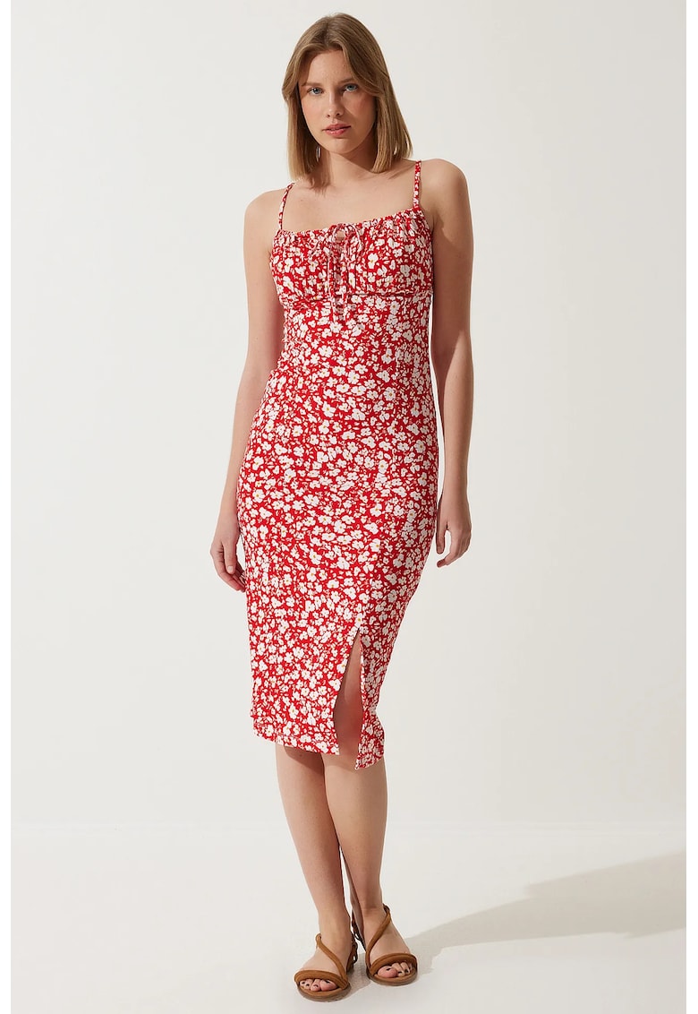 Rochie midi mulata Happiness Istanbul Floral - cu slit - Rosu
