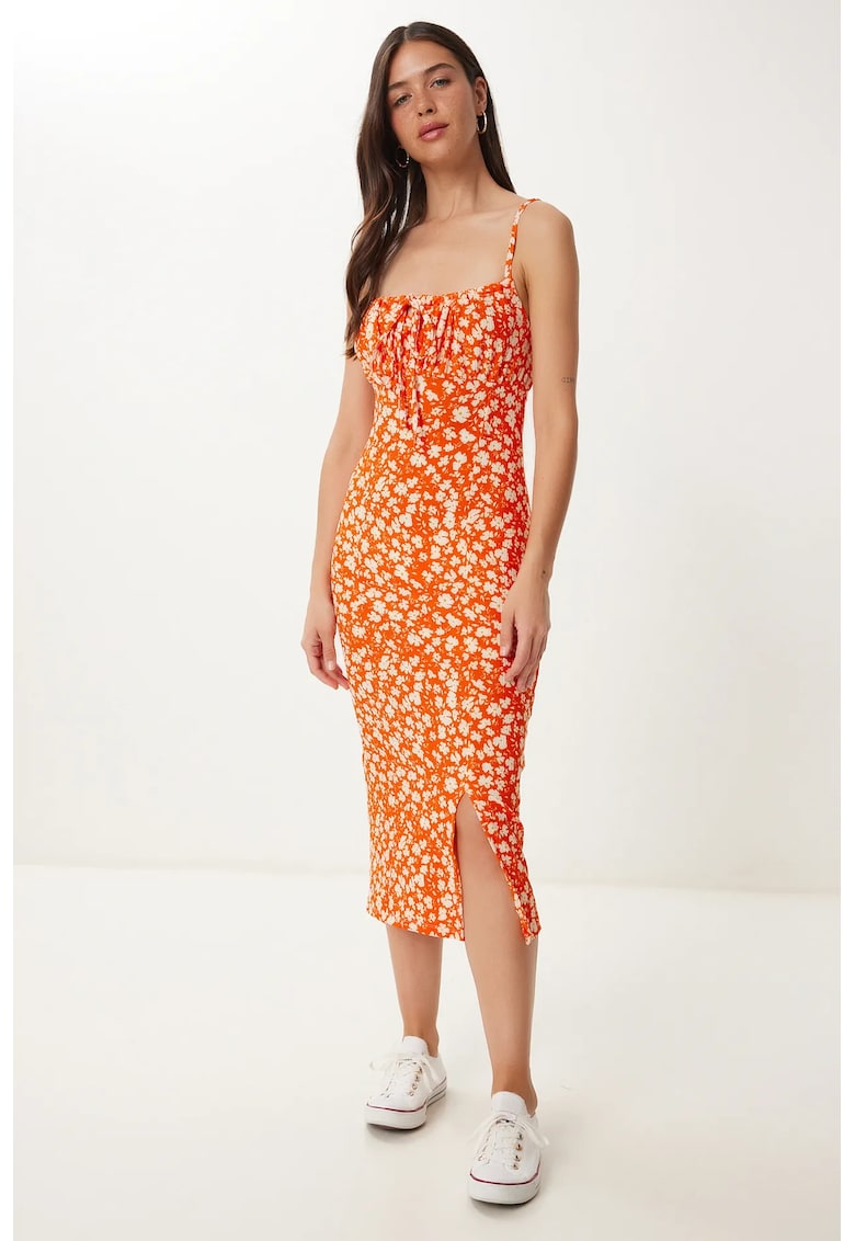 Rochie midi mulata Happiness Istanbul Floral - cu slit - Portocaliu