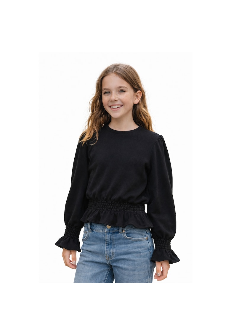 Pulover scurt iDO pentru fetite negru din bumbac elastic cu maneci bufante Negru