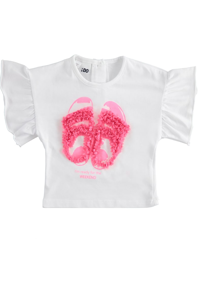 Tricou Crop iDO din Bumbac cu Volanase si Aplicatie 3D Flip-Flops