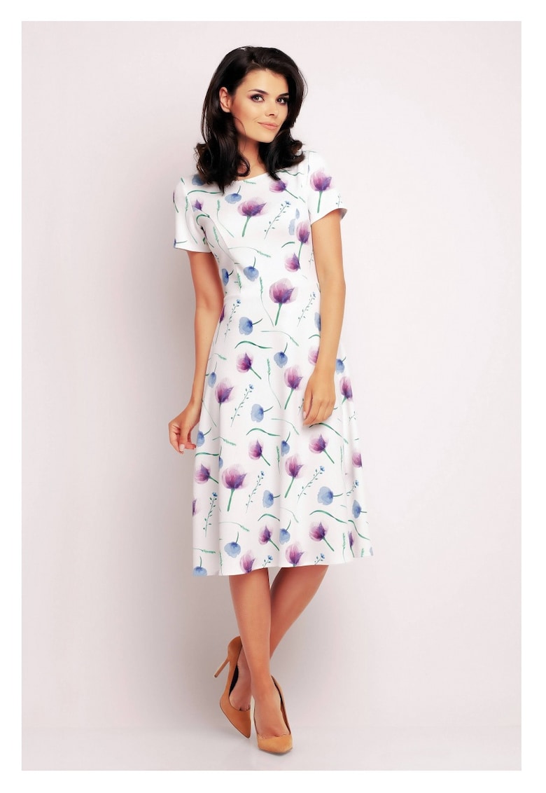Rochie De Dama - Model Evazat Tricotat - Imprimeu Floral Violet - 95% Poliester 5% Elastan - Rochie Midi Cu Maneca Scurta - Rochii Elegante De Zi - Tinuta Office Casual - Croiala Clasica - Fabricata In Polonia - Stil Fashion Confortabil - Mov liliachiu