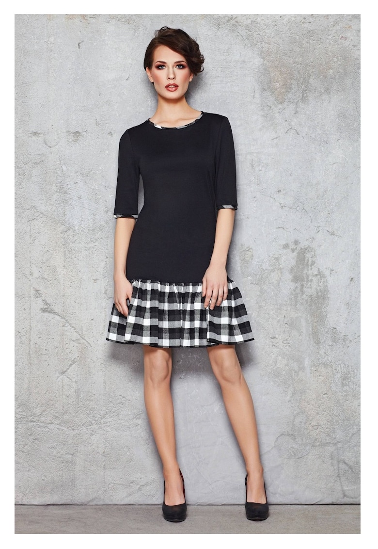 Rochie creion - S - Negru - model in carouri - bretele - lungime midi - subliniaza formele - stil clasic - material elastic - aspect impecabil