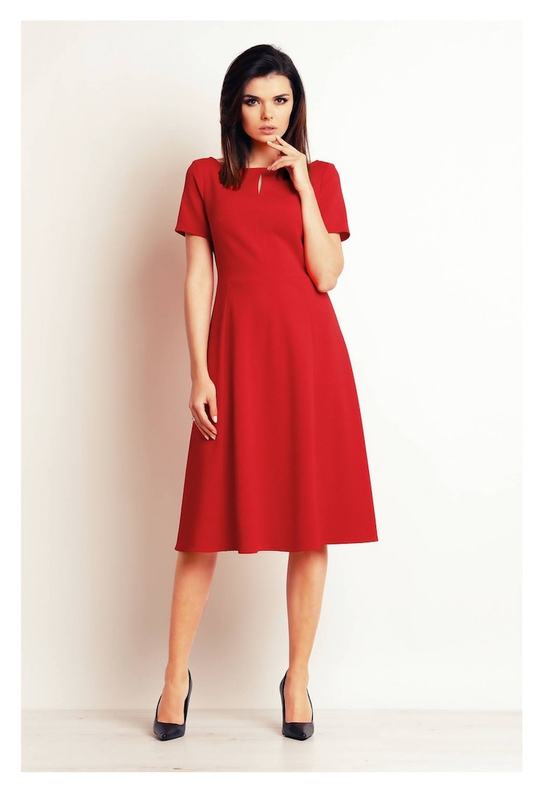 Rochie evazata - Rosu - midi - maneci scurte - tricot elastic - ofera libertate de miscare - silueta feminina - stil elegant - Rosu
