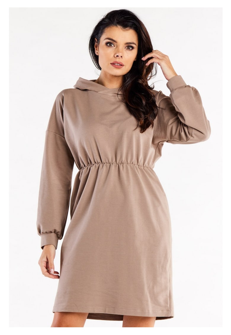 Rochie De Dama - Model Sport Tip Hanorac Cu Gluga Si Volan - Latte - 95% Bumbac 5% Elastan - Rochie Lejera Cu Maneci Incretite - Rochii Casual De Zi Pentru Femei - Tinuta Moderna Confortabila - Fabricata In Polonia - Design Fashion Urban - Latte