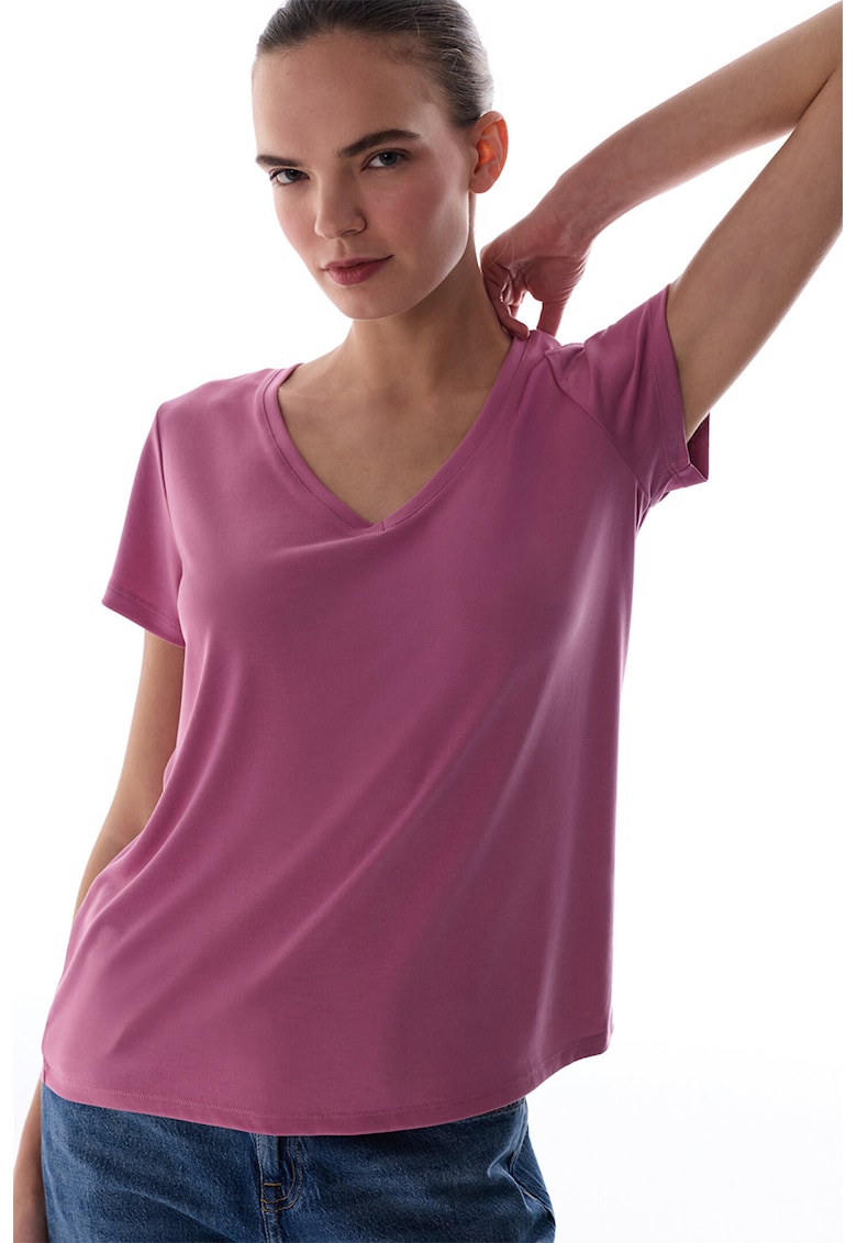 Tricou lejer din amestec de modal cu decolteu in V - Roz fandango -