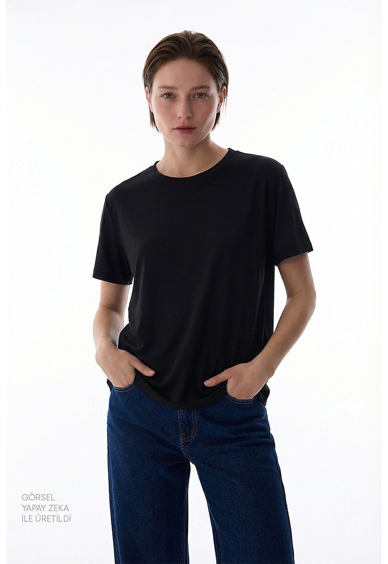 Tricou uni regular fit din amestec de modal - Negru -
