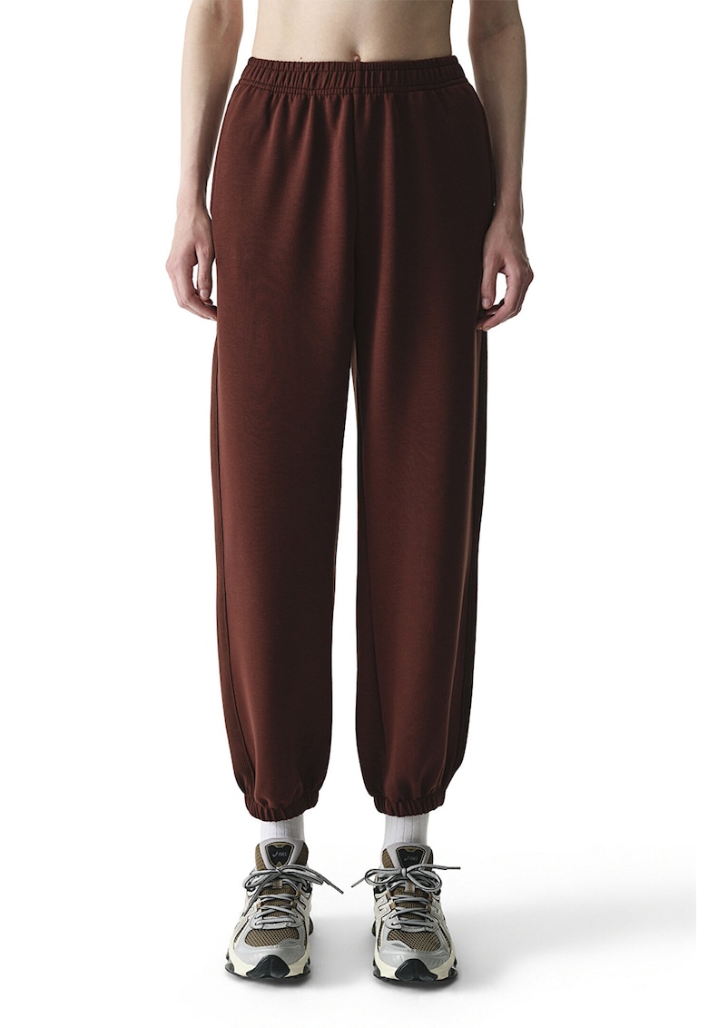 Pantaloni sport cu talie inalta si mansete elastice - Maro cognac -