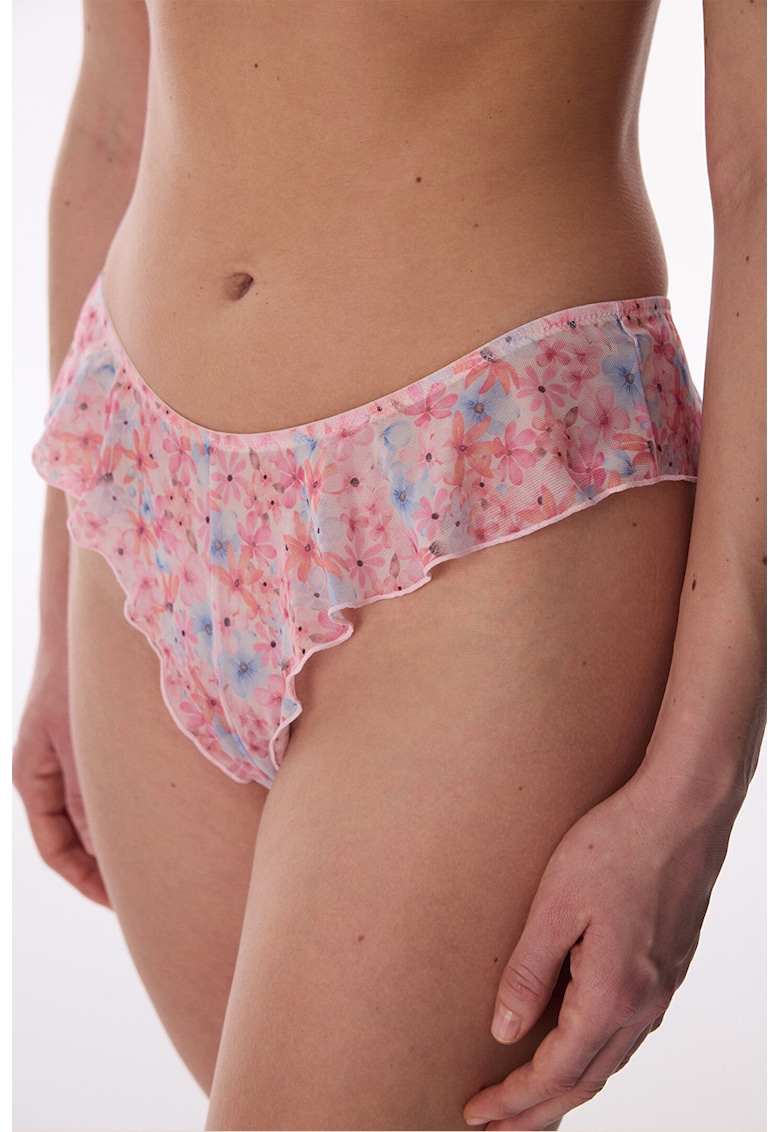 Chiloti brazilieni cu model transparent si imprimeu floral - Roz pastel