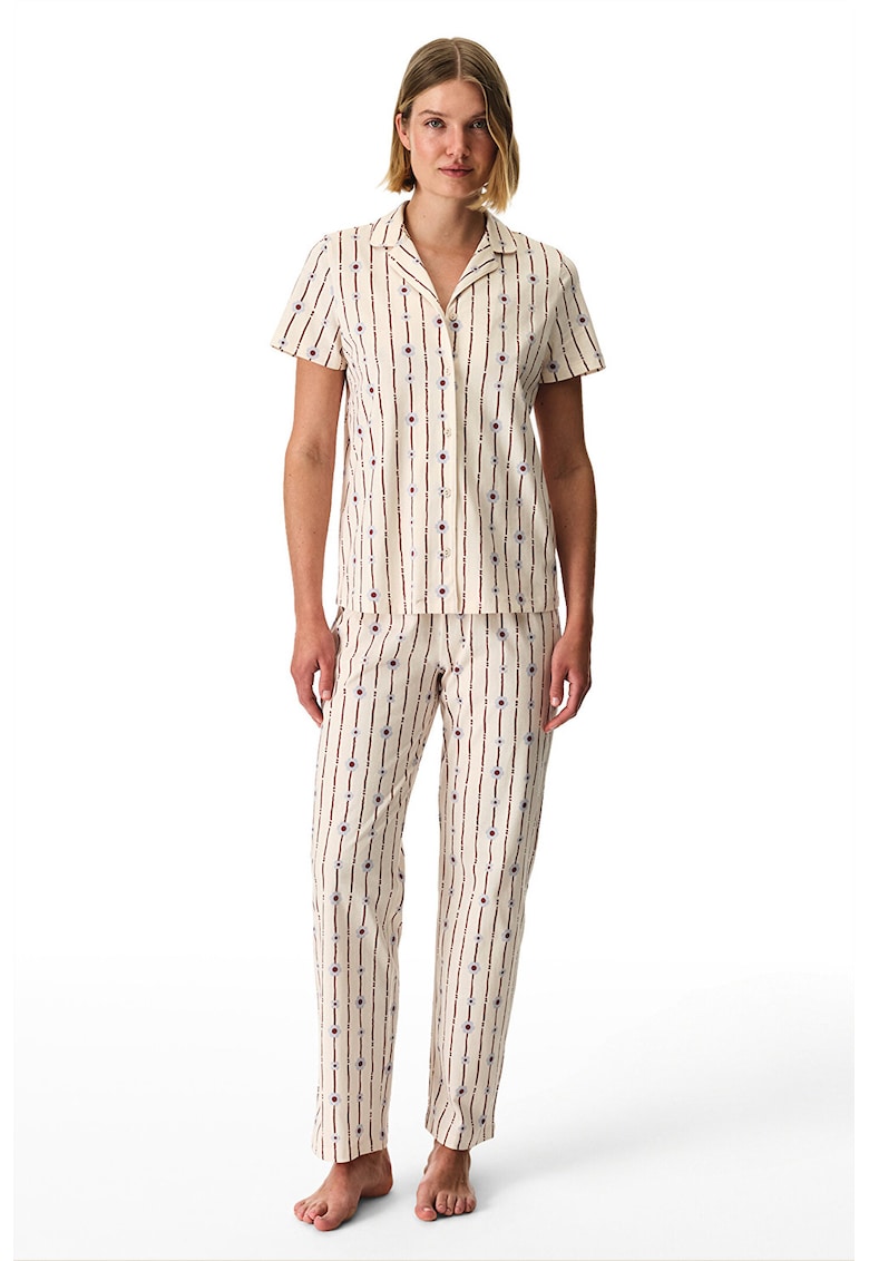 Pijama cu pantaloni lungi - imprimeu floral si dungi - Rosu inchis/Alb murdar