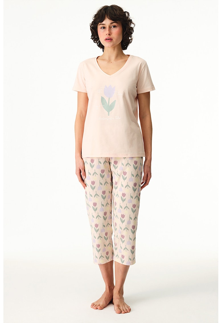 Tricou de pijama cu decolteu in V si imprimeu lalele - Alb murdar