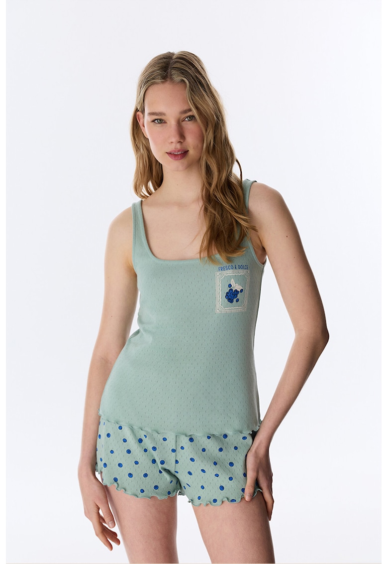 Pijama cu pantaloni scurti - decolteu patrat si model - Verde pal