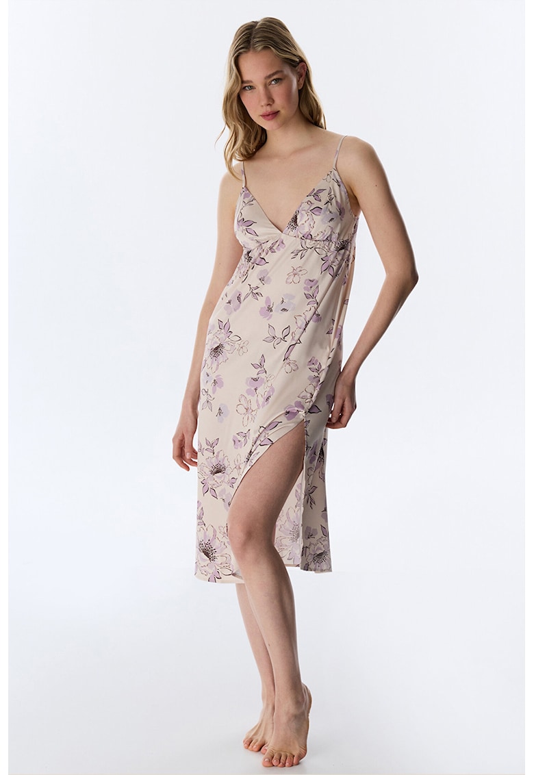 Camasa de noapte cu decolteu in V si model floral - Lila/Bej deschis