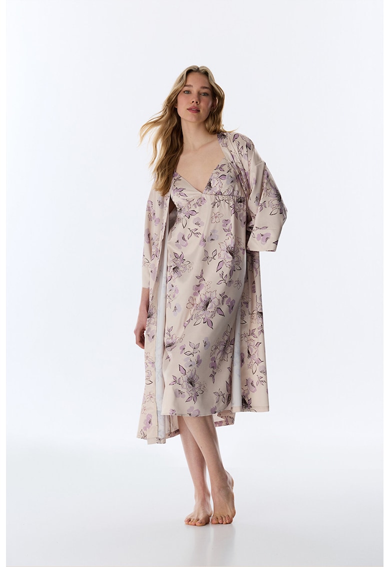 Halat de baie cu model floral si maneci 3/4 - Lila/Bej deschis