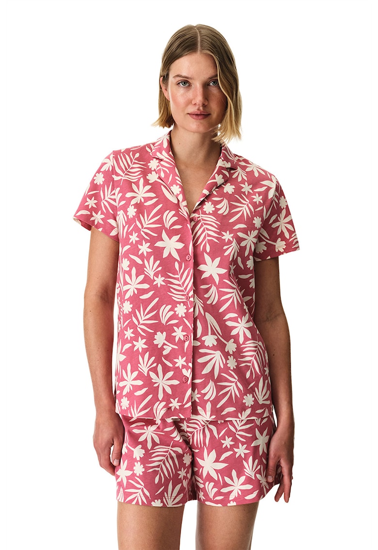 Pijama din bumbac cu pantaloni scurti si model floral - Roz pastel/Alb murdar