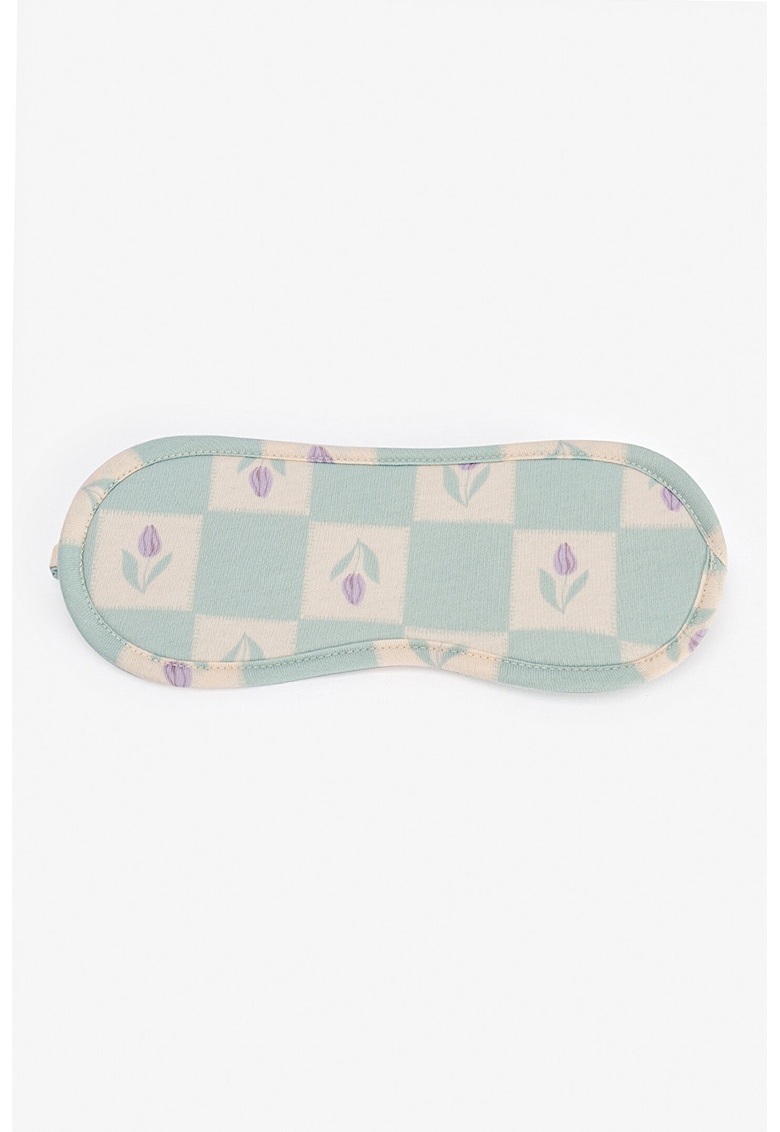 Masca pentru somn cu imprimeu floral si model in carouri - Albastru prafuit/Bej deschis
