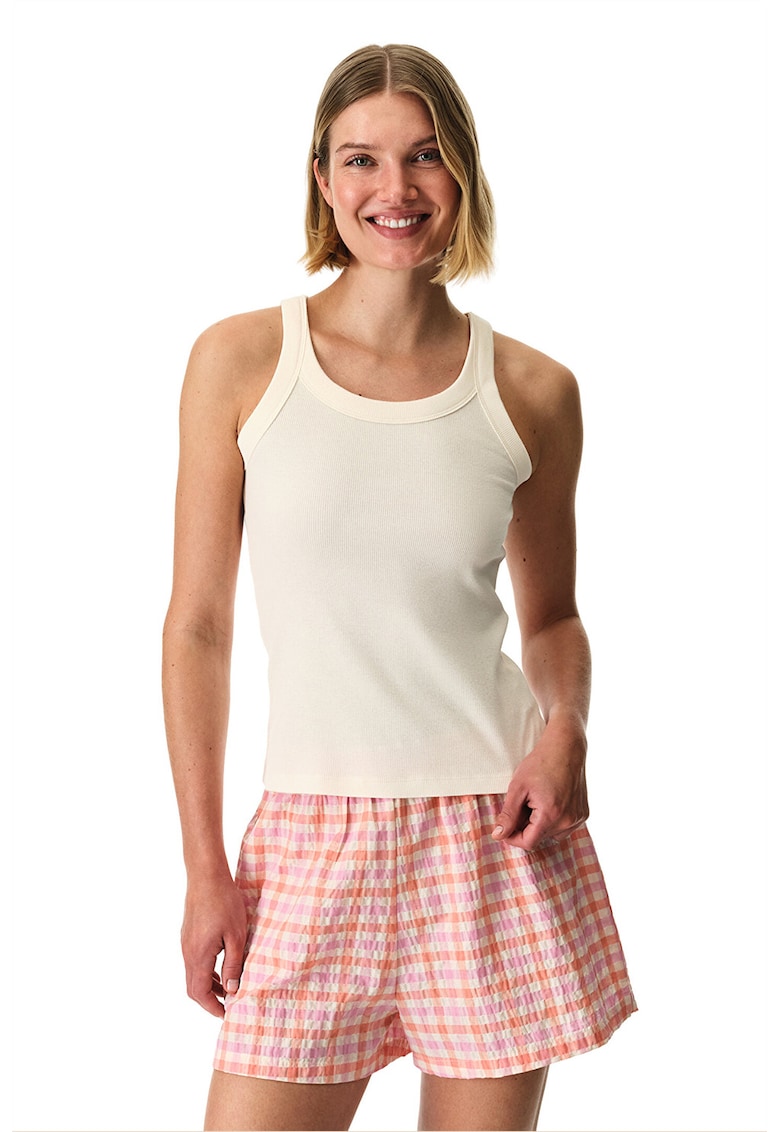 Pijama cu pantaloni scurti si model in carouri - Roz pastel/Alb murdar