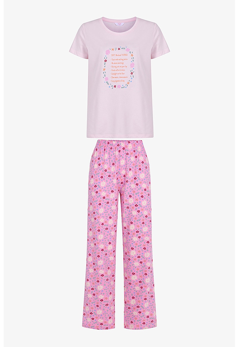 Pijama din bumbac cu pantaloni lungi si imprimeu floral - Roz pastel/Lila