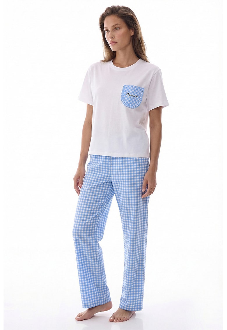 Pijama cu maneci scurte si model in carouri - Albastru pastel/Alb optic