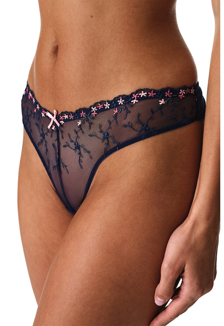 Chiloti semi-transparenti cu detalii florale - Albastru indigo