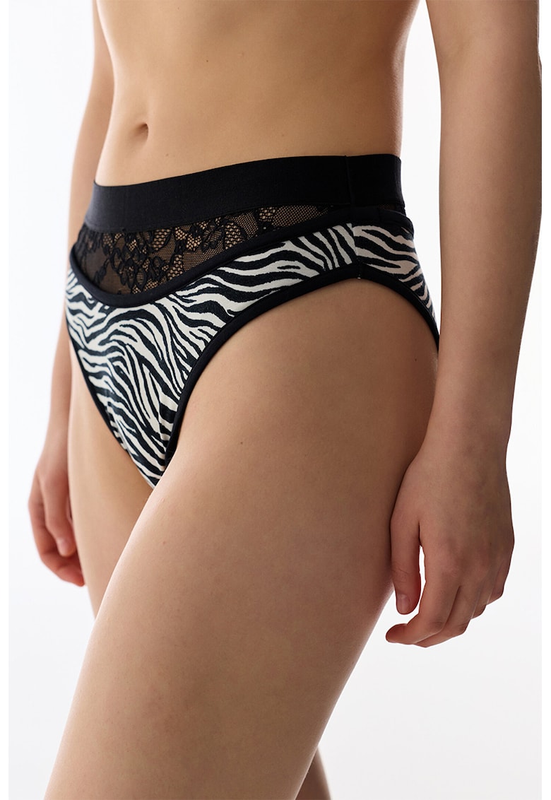Chiloti cu insertie din dantela si animal print - Alb/Negru