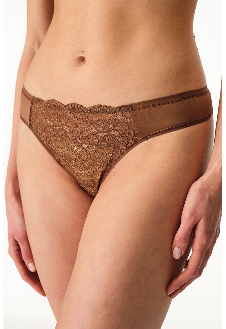 Chiloti tanga cu insertii de dantela - Caramel