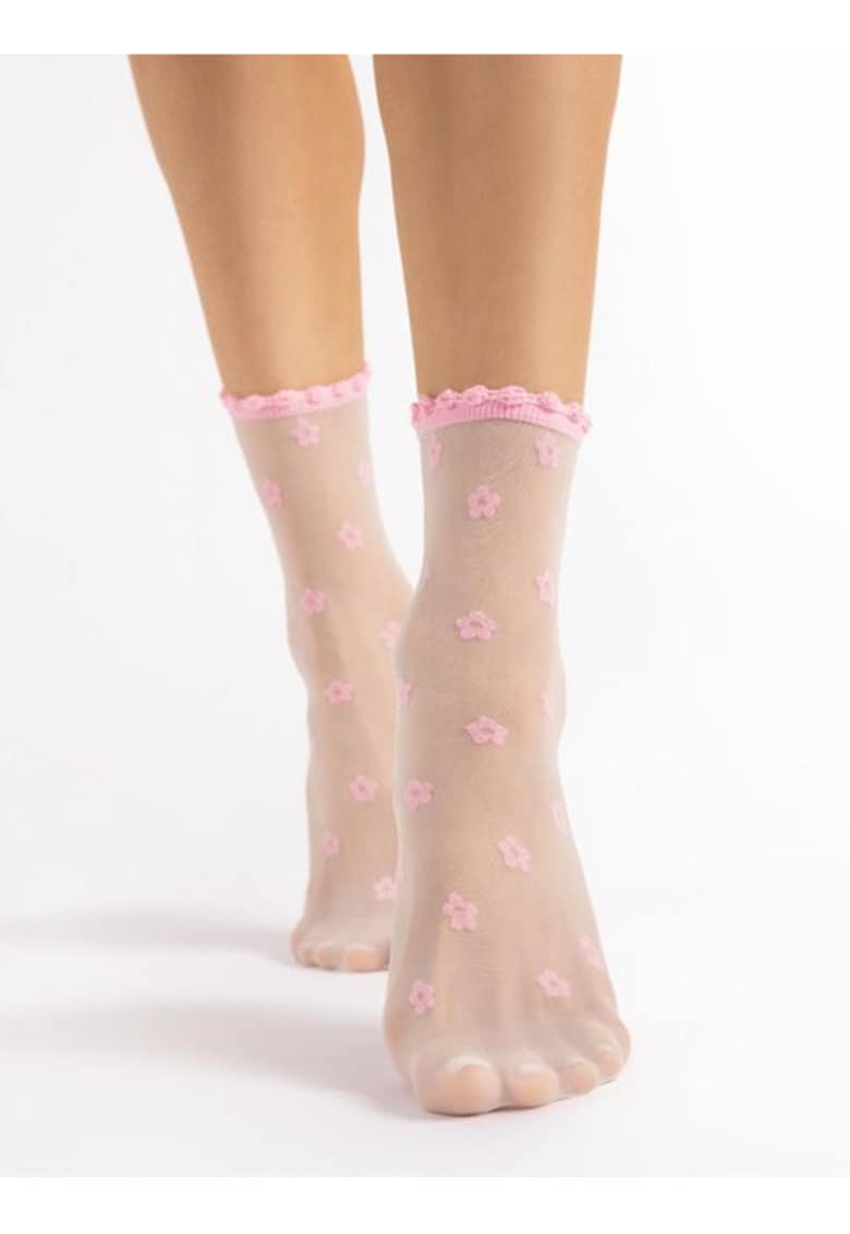 Sosete lycra albe cu margarete rose si banda ajurata April 15 den - Alb/Roz