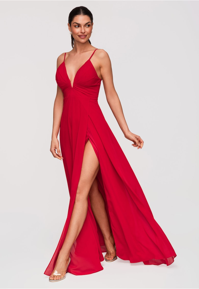 Rochie Maxi de Seara Eleganta cu Decolteu Adanc si Bretele Subtiri Ajustabile - Rosu