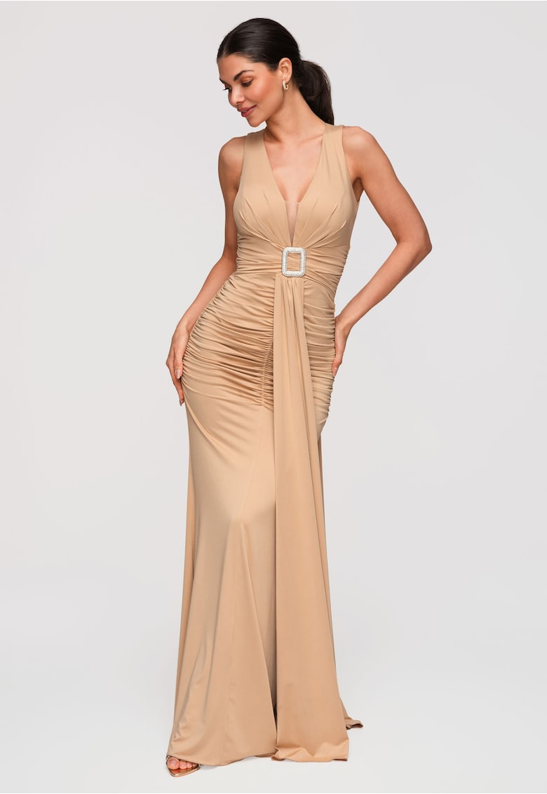 Rochie Maxi de Seara Eleganta cu Decolteu Adanc si Catarama - Bej