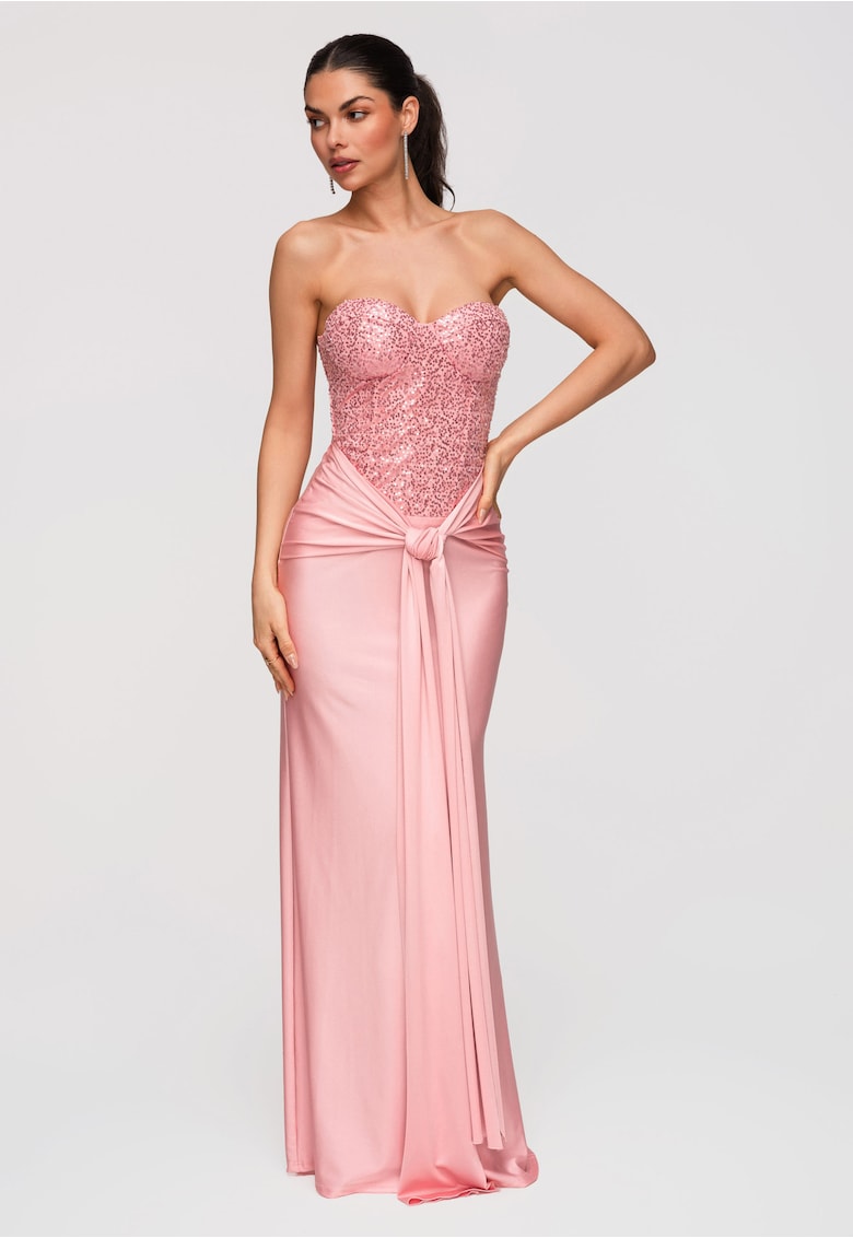 Rochie Maxi de Seara Eleganta cu Paiete si Spate Gorset - Roz