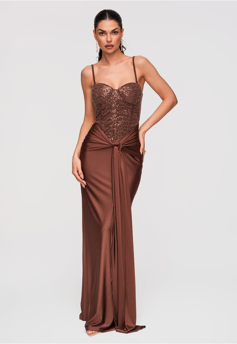 Rochie Maxi de Seara Eleganta cu Paiete si Spate Gorset - Maro