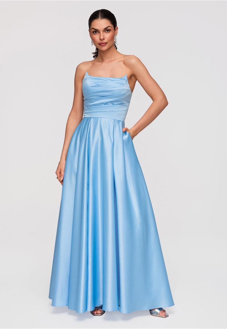 Rochie Maxi de Seara Eleganta - Croiala Ampla - Material Satinat Lucios - Albastru
