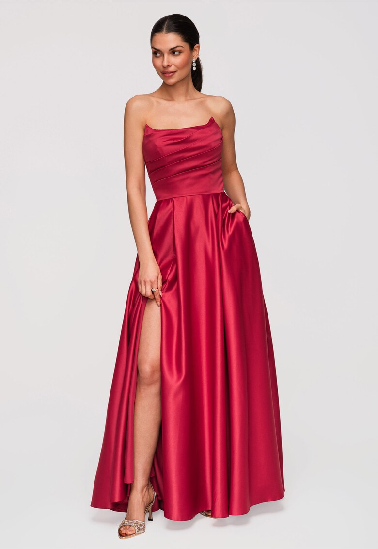 Rochie Maxi de Seara Eleganta - Croiala Ampla - Material Satinat Lucios - Rosu