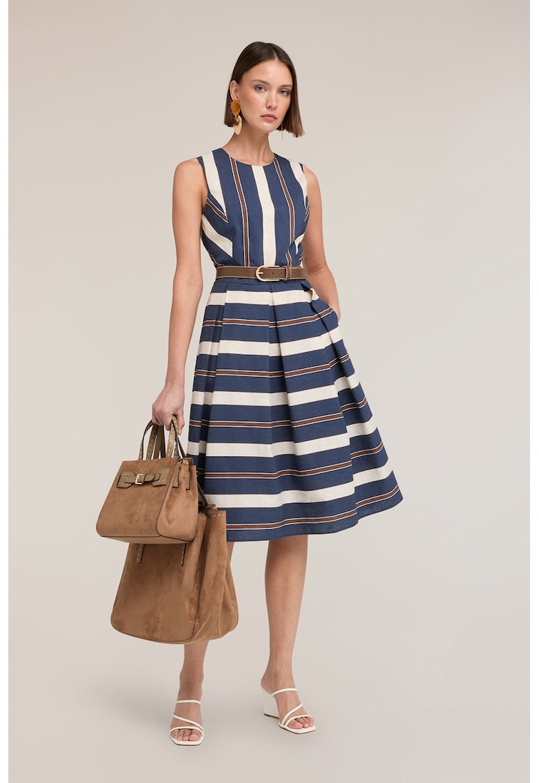 Rochie evazata cu dungi - Alb/Maro/Bleumarin