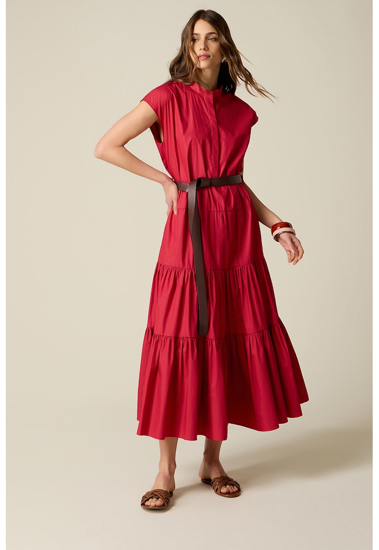 Rochie-camasa de bumbac cu o curea - Rosu