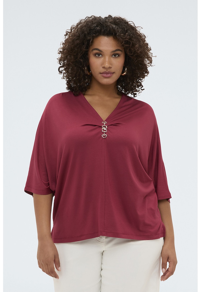 Bluza de satin cu decolteu in V si maneci medii - Rosu inchis
