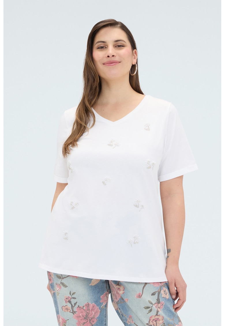 Tricou cu decolteu in V decorat cu margele - Alb