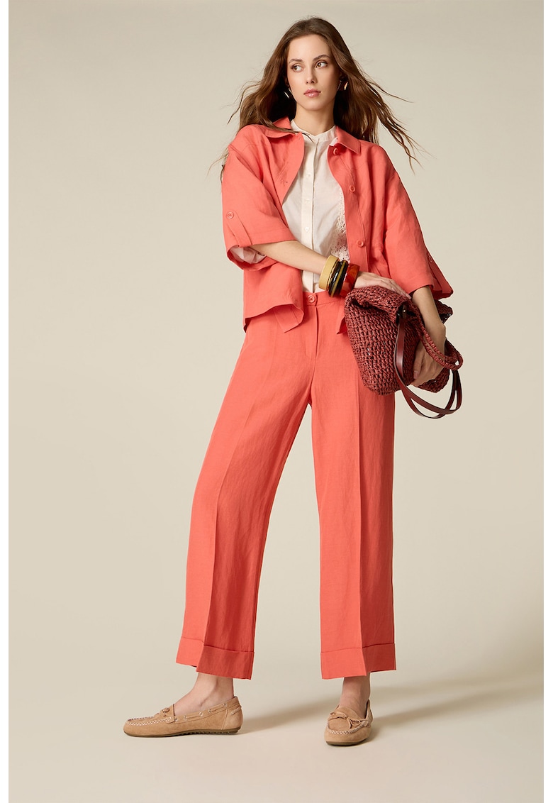 Pantaloni crop din amestec de in cu pensa - Coral