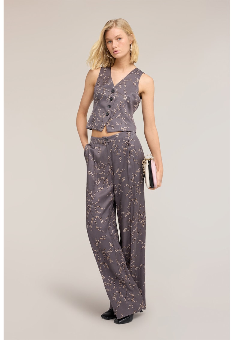 Pantaloni drepti cu model floral - Violet prafuit