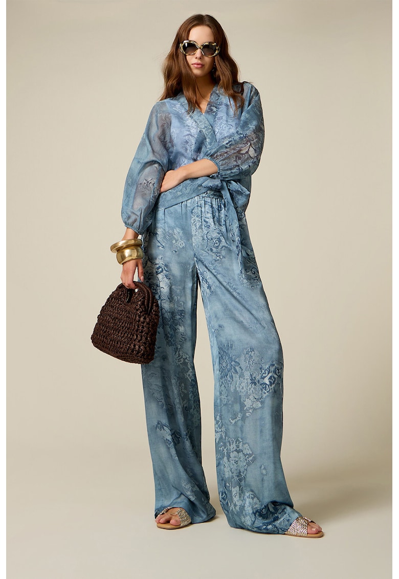 Pantaloni cu snururi - model si croiala ampla - Albastru lavanda/Alb murdar