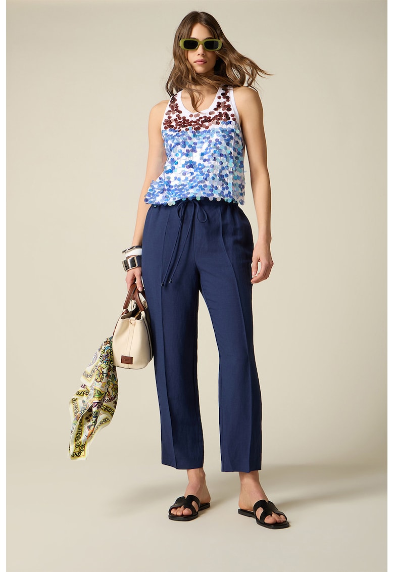 Pantaloni crop din amestec de in cu snur - Bleumarin