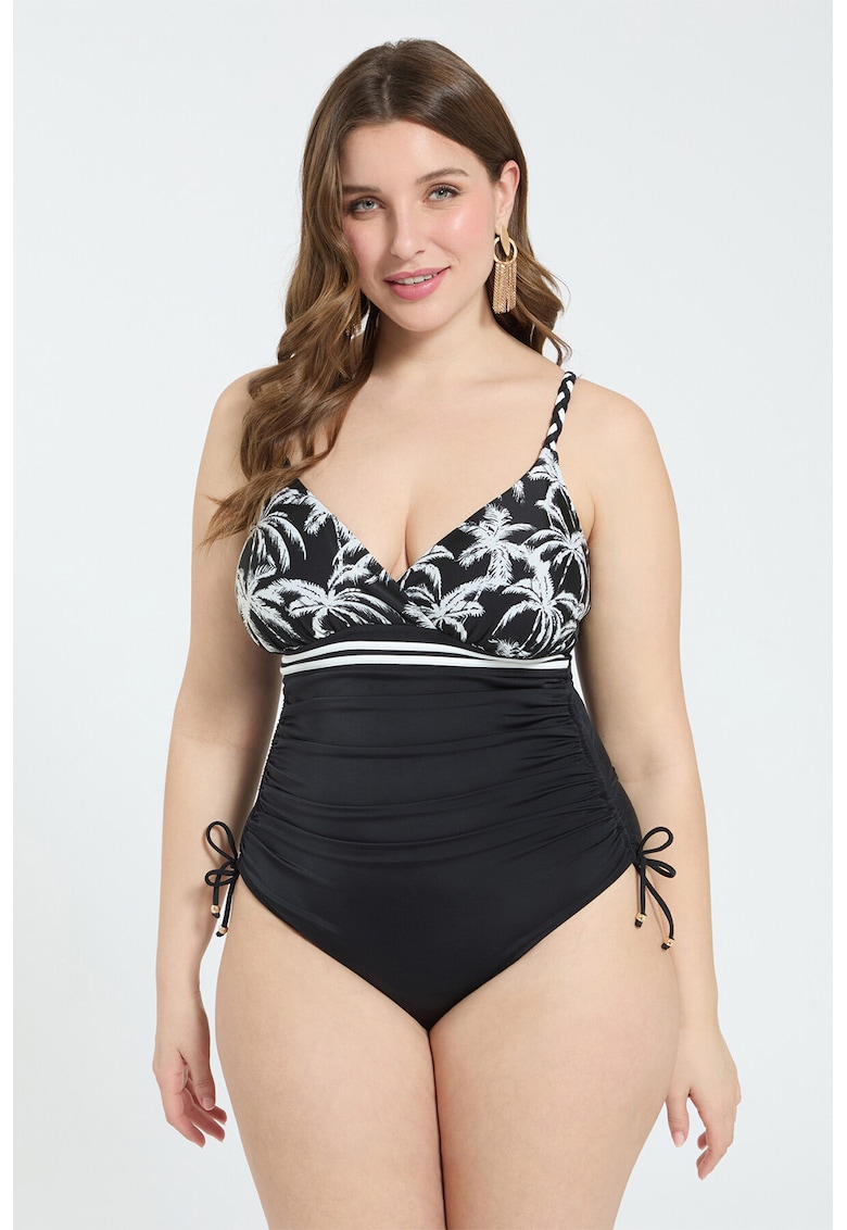 Costum de baie intreg cu imprimeu tropical - Alb/Negru