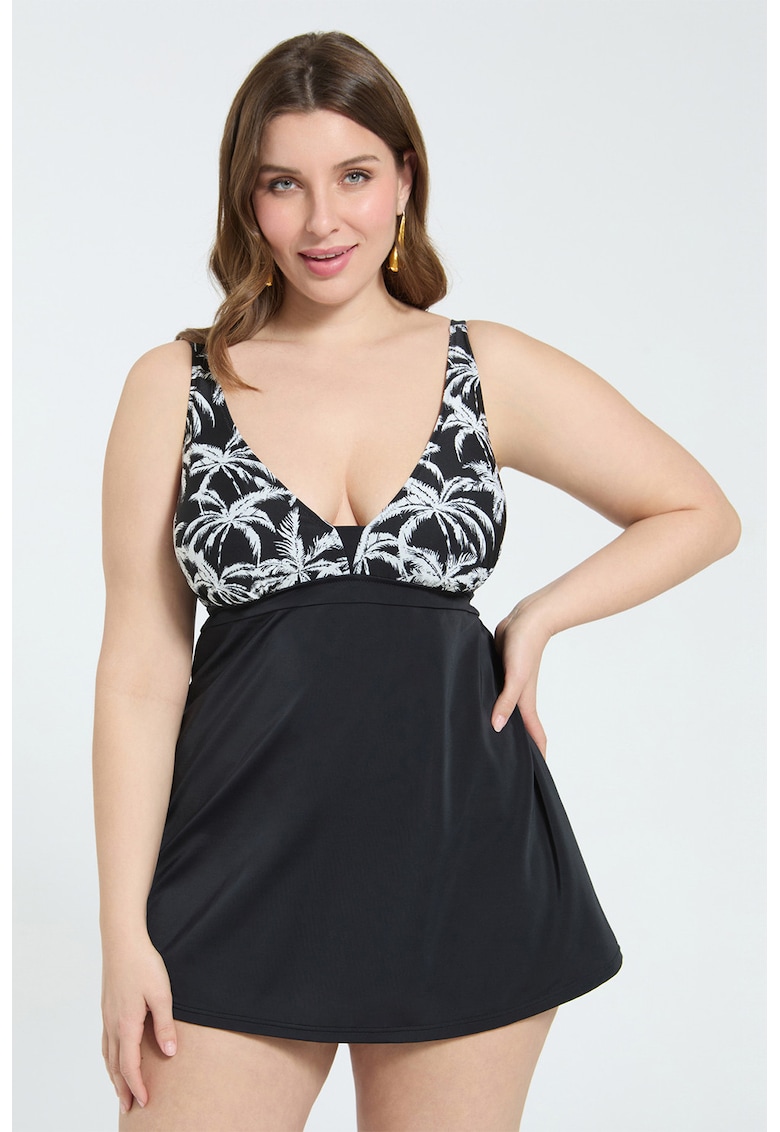 Costum de baie intreg cu imprimeu tropical - Alb/Negru