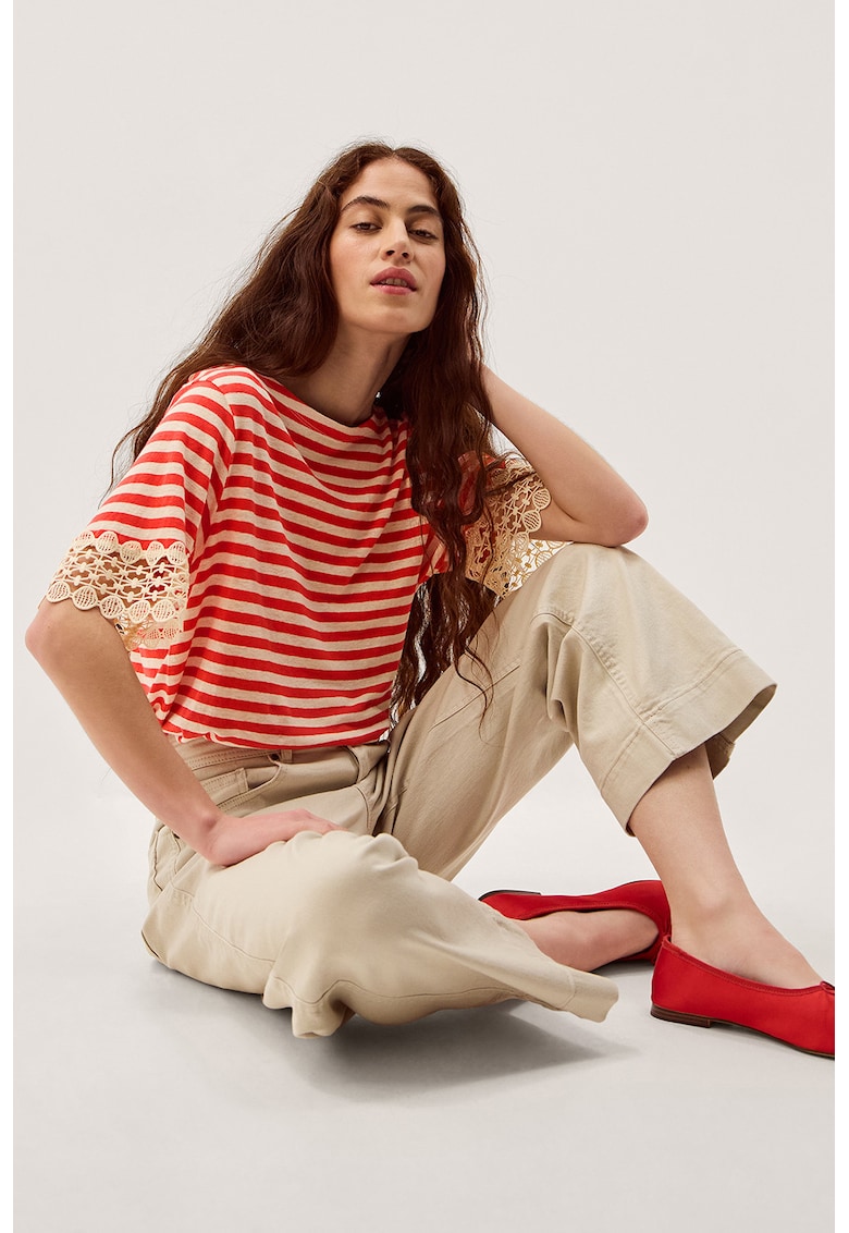 Bluza in dungi din amestec de in - Alb fildes/Rosu vermillion