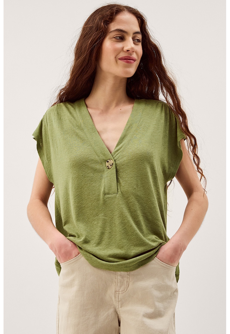 Bluza din amestec de in cu decolteu in V - Verde masliniu