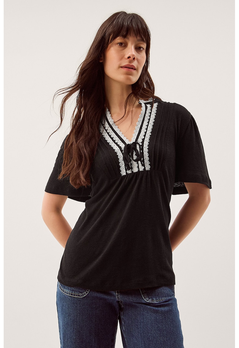 Bluza din amestec de in cu broderie - Alb/Negru