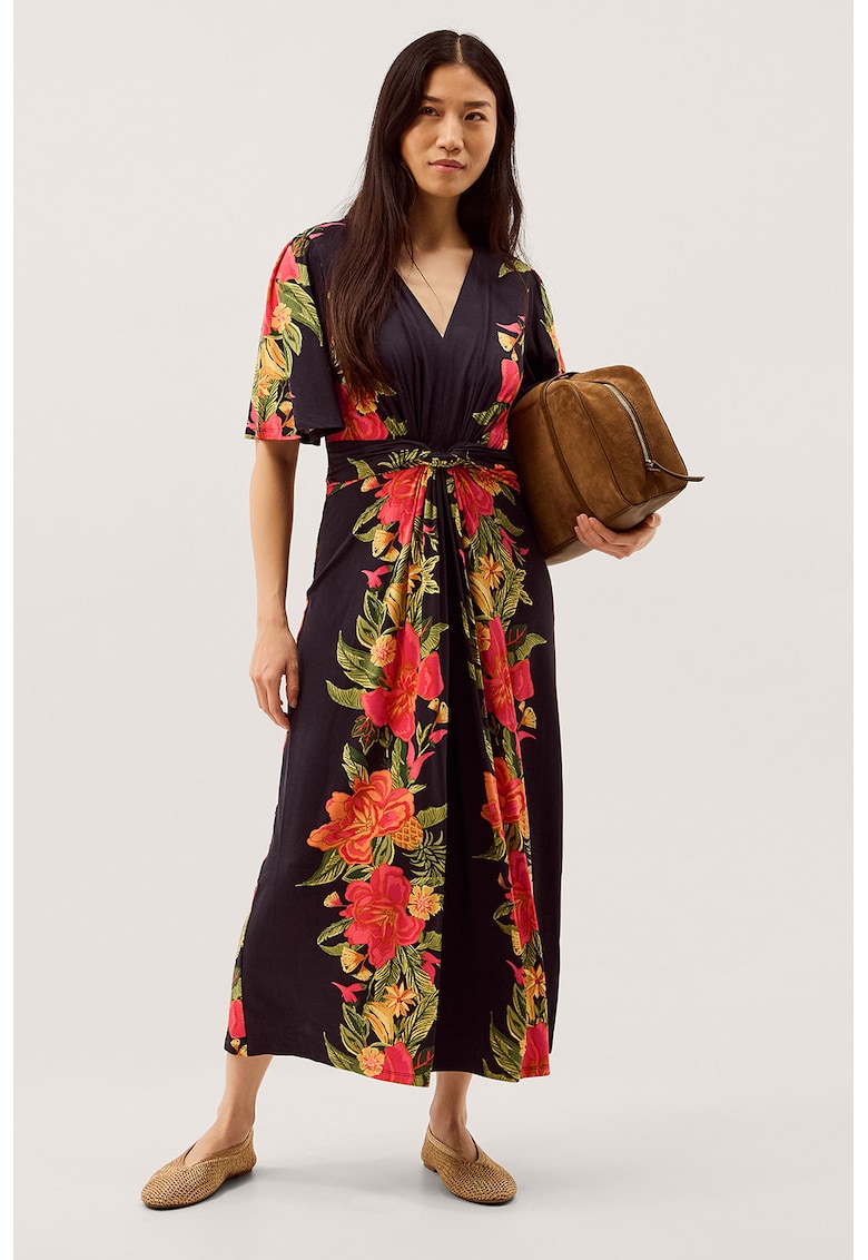 Rochie cu model floral si decolteu in V - Rosu/Verde/Albastru ultramarin