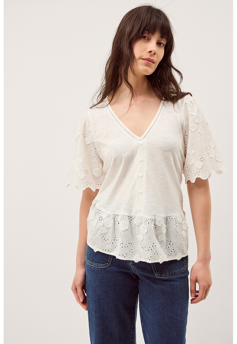 Bluza de bumbac si modal cu decolteu in V - Alb murdar