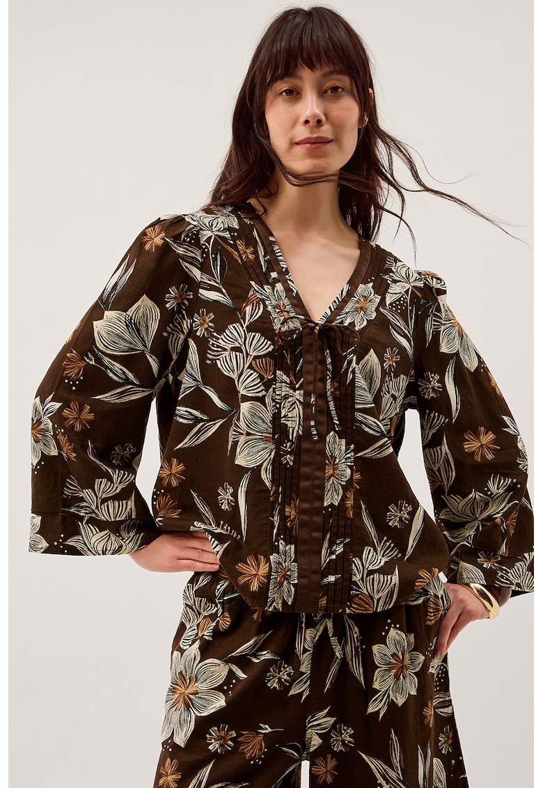 Bluza cu model si decolteu in V - Maro inchis/Alb fildes/Portocaliu